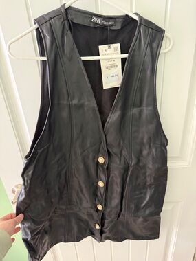 Zara Black Faux Leather Mini Dress with Gold Pearl Buttons